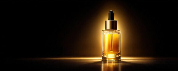 Realistic serum bottle with golden liquid, elegantly illuminated against dark background, exuding luxury and sophistication. dropper cap adds touch of modern design, making it perfect for skincare
