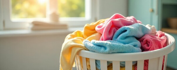 A pristine white laundry basket overflowing with freshly laundered, brightly colored clothes, sunlight streaming in from a nearby window ,  wrinkle-free,  washing machine