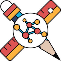 A drawing of a pencil, ruler, and a pen with a circle in the middle