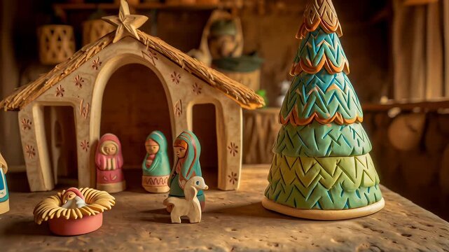 A nativity scene with a manger house, a tree, and a woman and child. The scene is set in a room with a window