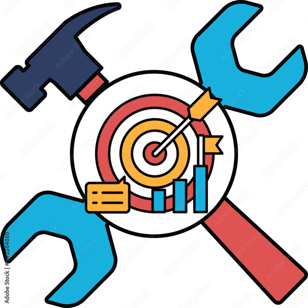 Poster a hammer and a wrench are on a white background with a red target in the middle