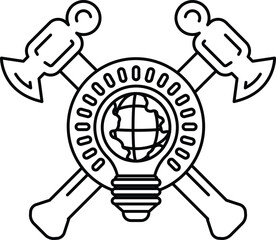 Fototapeta premium A black and white drawing of a hammer and an ax with a globe in the middle
