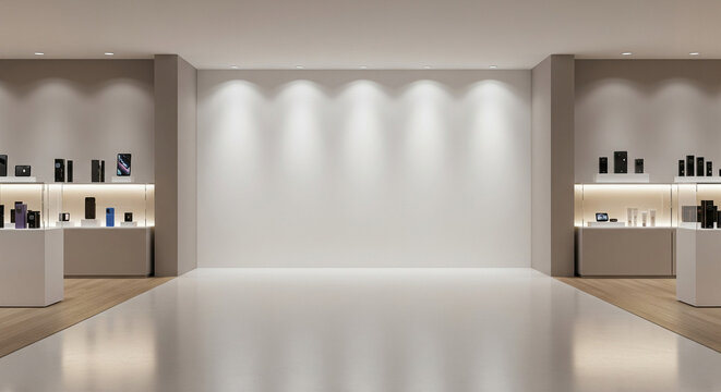 Empty modern retail store interior with illuminated display shelves and a blank white wall.