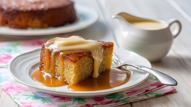 South African Malva pudding slice with caramel sauce traditional dessert