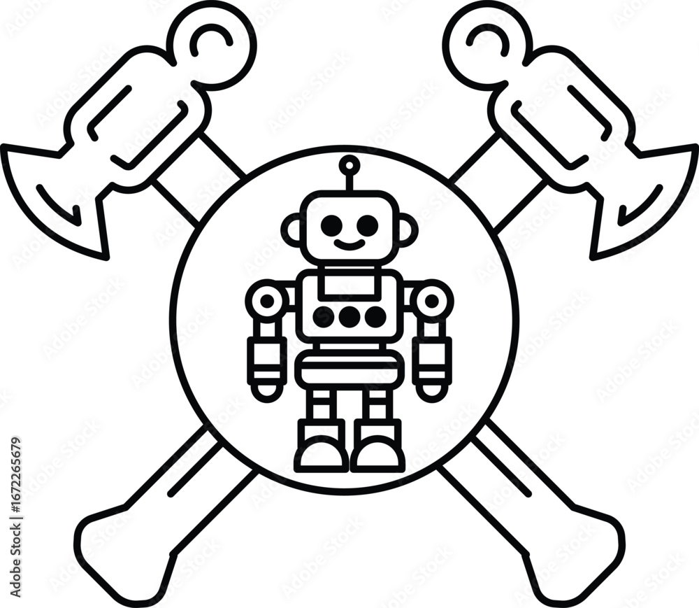 Poster a robot is standing in the middle of a cross with a hammer and an axe
