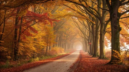 Fototapeta premium Autumn forest path with golden leaves and warm sunlight, rich seasonal colors for themes of change, walking, and peaceful natural backgrounds.