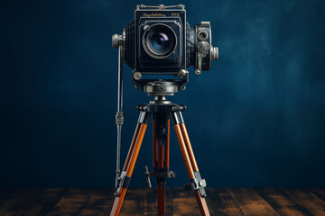 Vintage camera on tripod in dark blue studio setting.