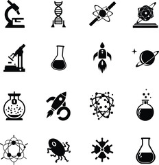 Science icons set vector illustration of microscope dna atom rocket planet flask and microorganism black