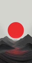 Red sun over grayscale mountains
