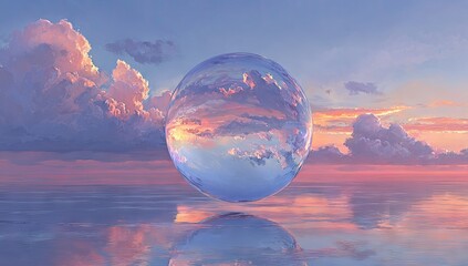 A large, transparent sphere floats serenely above a calm body of water reflecting a pastel sunset sky filled with fluffy clouds.  The sphere contains a mirrored image of the sky and clouds