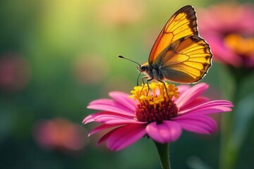 Fototapeta premium Delicate butterfly proboscis feeding on vibrant flower nectar , macro photography, insect