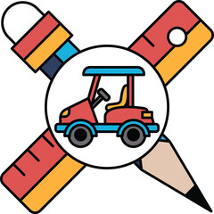 A red and blue toy car is sitting on top of a ruler