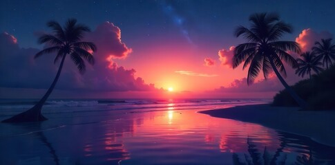 Obraz premium Dark Hawaiian sky, starry, palm silhouette reflected in still water , sky, tropical night