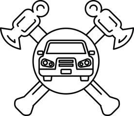 A car is drawn in the center of a cross with a hammer