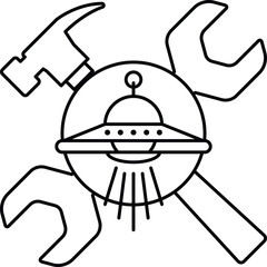 A black and white drawing of a hammer, wrench, and a spaceship