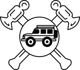 A black and white drawing of a car with a skull and crossbones on it