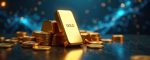 Shiny gold bars, coins stacked in luxurious setting. Illustration represents wealth, investment, financial success. Shimmering gold, dynamic background create sense of prestige, high value, suitable