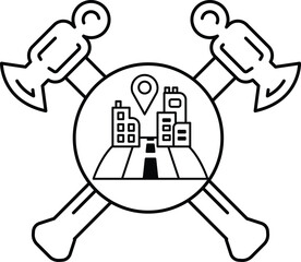 A black and white drawing of a hammer and a nail with a city in the background