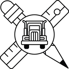 A truck is drawn in the center of a cross with a pencil and a ruler