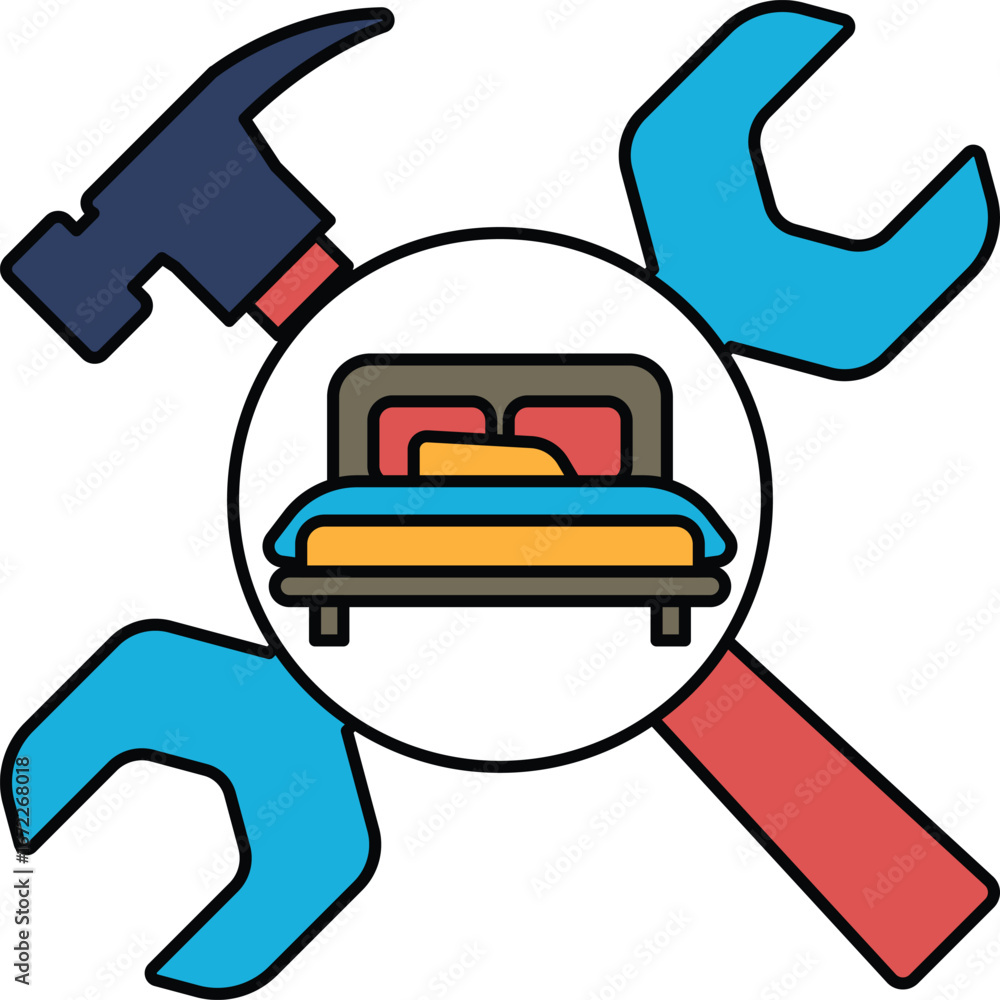 Poster a bed with a hammer and wrench on top of it