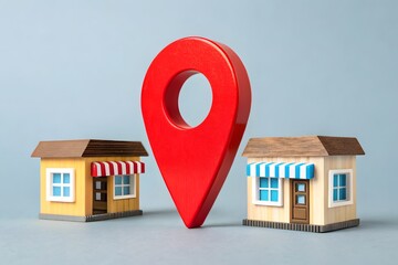 Competing stores and geolocation sign. High human traffic commercial locations, advertising and targeting. Business location and digital maps influence customer traffic and sales.