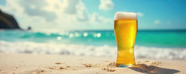 A refreshing glass of Brasil Light beer sits on a sun-drenched beach, the ocean subtly visible in the background; perfect for summer refreshment and tropical vibes , alcohol, sea