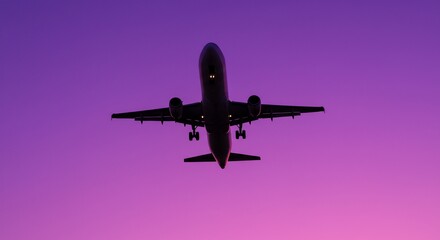 Silhouetted airplane descends against vibrant purple twilight sky. AI Generated