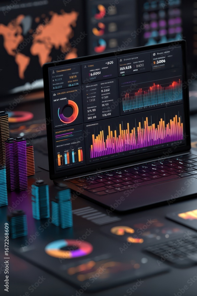 Poster technology workspace with digital visualizations and bar chart analytics