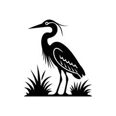 Fototapeta premium Elegant black heron standing serenely amidst stylized grass blades, evoking nature's calm beauty.