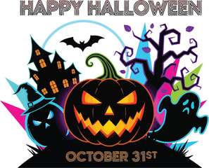 Spooky halloween scene with pumpkin ghost bat and haunted house