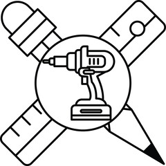 A black and white drawing of a drill bit and a pencil