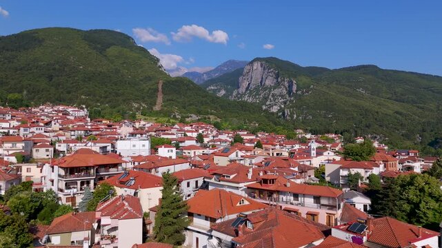 Aerial Drone Shot Flying Over Litochoro Towards Mount Olympus, Pieria, Greece in Early Morning