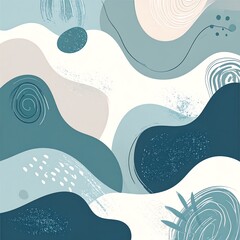 A dynamic abstract design featuring flowing shapes in soft teal, gray-blue, and beige tones, accented with textured brushstrokes and organic patterns.