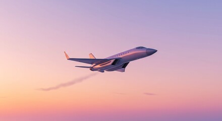 Jet ascends gracefully into soft pastel sunset sky. AI Generated