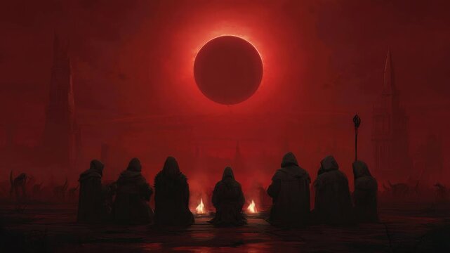 Dark ritual scene under blood-red eclipse, hooded cultists watching cosmic phenomenon, mysterious apocalyptic concept representing fantasy, horror, and mythology