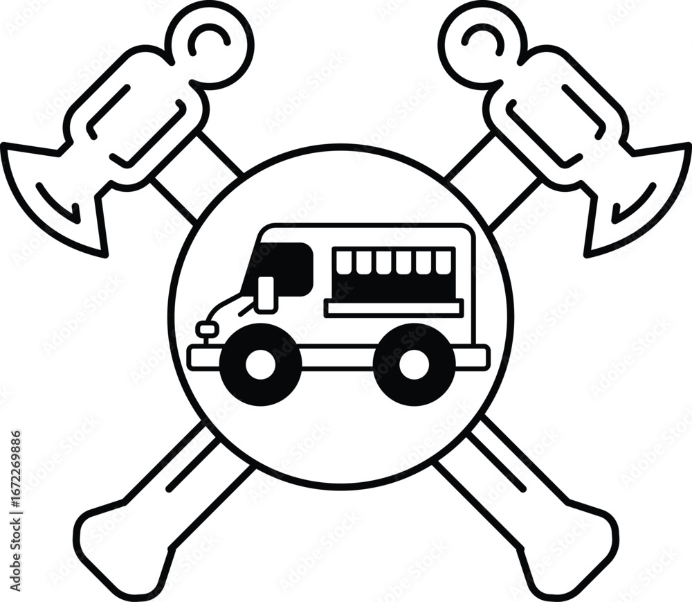 Poster a black and white drawing of a bus with a hammer and an ax on either side