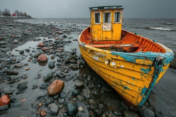 Wrecked boat rests on rocky beach at grey seaside under overcast sky