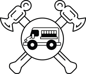 A black and white drawing of a bus with a hammer and an ax on either side