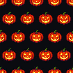 Seamless vector pattern with glowing Halloween pumpkins with faces on dark background in pixel art style