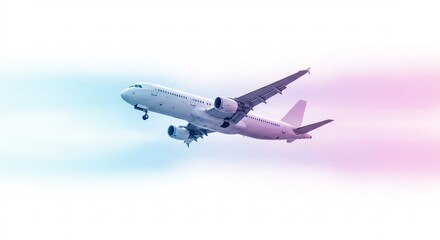 Airplane descends smoothly pastel sky soft light. AI Generated