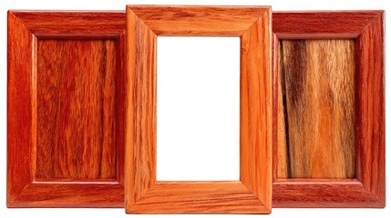 Three reddish-brown wooden picture frames against a white background.