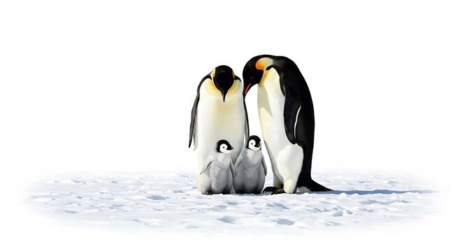 Emperor penguin family stands proudly in bright sunlight antarctic snow. AI Generated