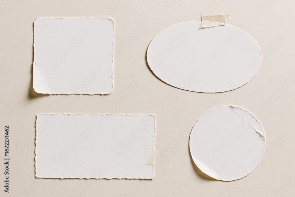 Aufkleber torn paper pieces in square, rectangular, oval, and circular shapes with tape on light beige backgro