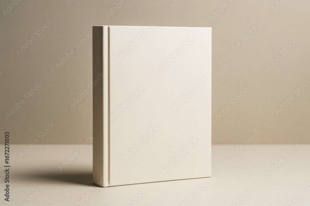 Poster blank hardcover book mockup standing upright on beige surface with clean minimal background for bran