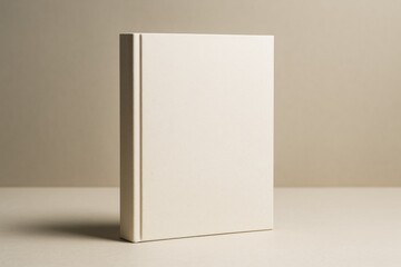Blank hardcover book mockup standing upright on beige surface with clean minimal background for branding presentation and design display concepts. Ai generative