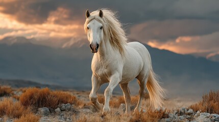 White horse galloping through a rugged landscape at sunset with dramatic clouds in the background