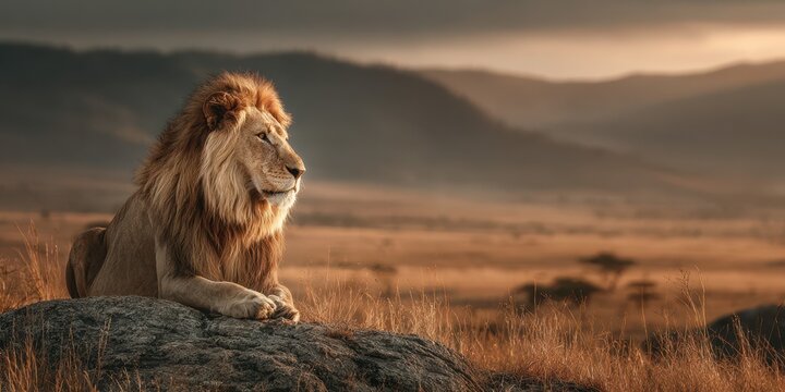 Majestic lion resting on a rock in the Serengeti during sunset, showcasing the beauty of wildlife