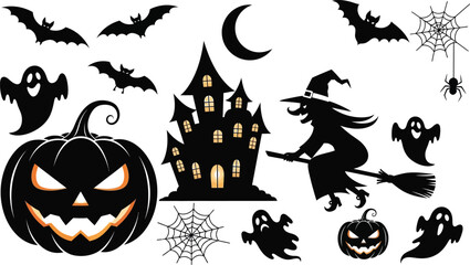 Fototapeta premium Spooky halloween silhouettes with witch ghosts and haunted house