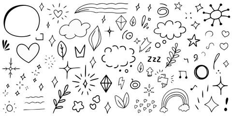 Collection of hand drawn doodle elements including stars hearts clouds rainbow and decorative shapes
