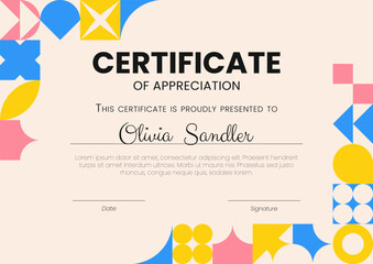 Certificate template with abstract geometric pattern, shapes and vibrant colors in Bauhaus style. Award layout, honor diploma. Vector illustration